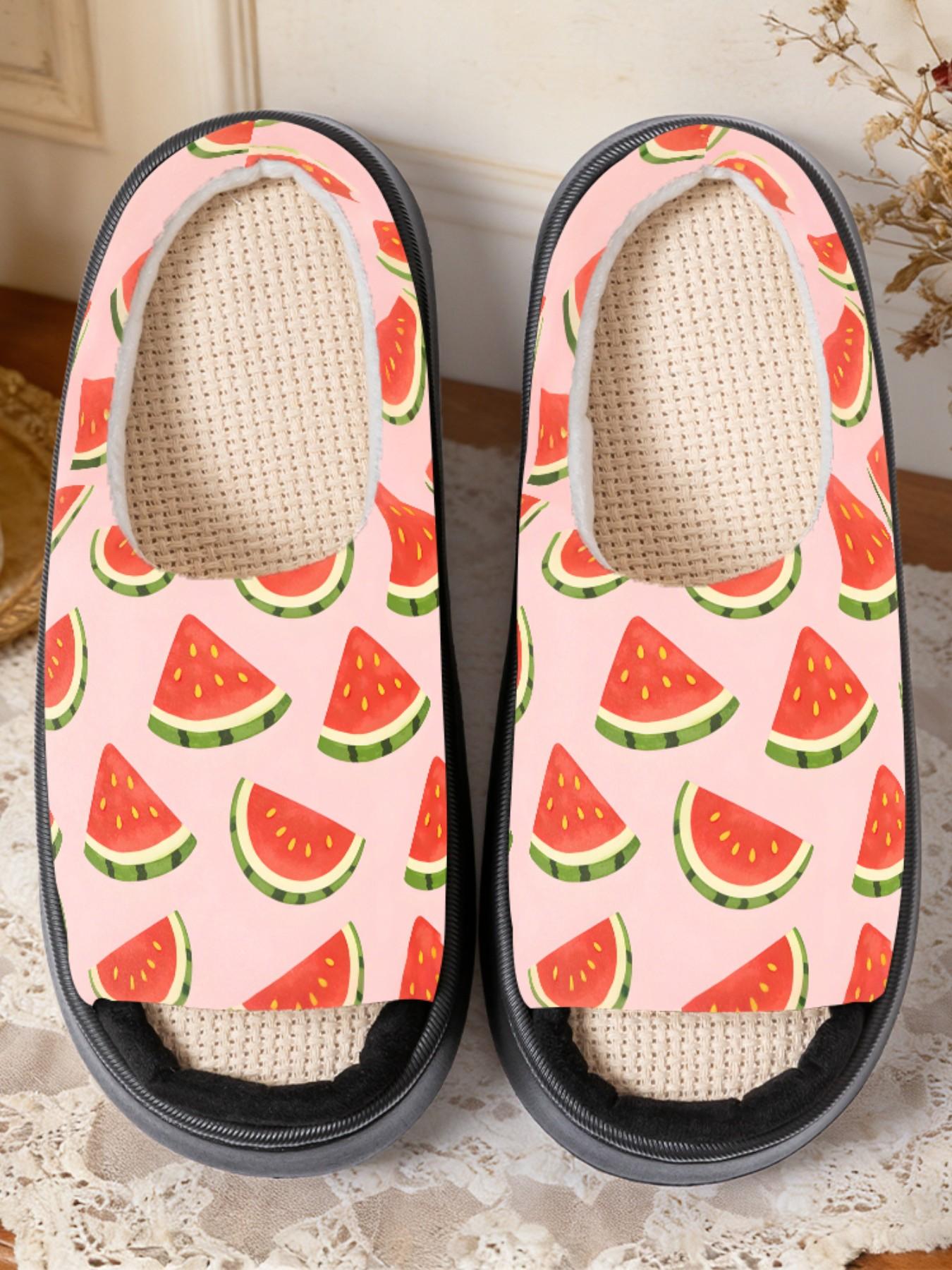 Cute Watermelon Slice Print Linen Open-Toe Sandals, Casual Textile Eva Sole, All-Season Less Than Ankle Height, Cartoon Pattern Design