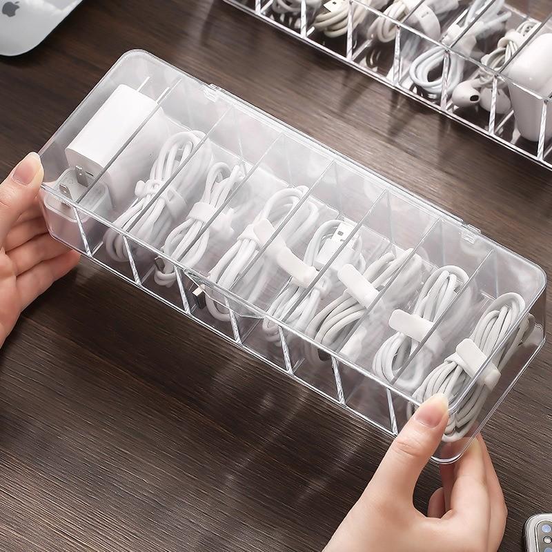 Transparent Plastic Storage Box, 1 PC Data Line Organizer, Divided Compartments, Ideal for Cables & Stationery, Durable Storage Organizer, Enhances Desktop Organization