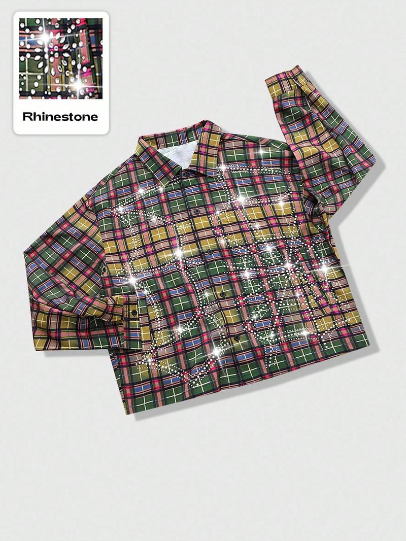 Men's Vintage Plaid Shirt with Rhinestones, Street Style Fashion, Casual Long Sleeve, Soft Comfortable Fabric, Casual Stylish Menswear