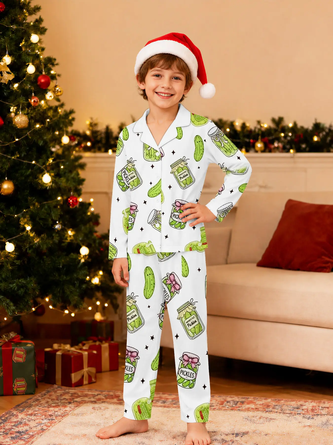 Unisex Long Sleeve Collar Open Front Set, Base Pickle Jar Star Print Sleepwear Pajama, Casual Loose-Fit Pants & Top Combo