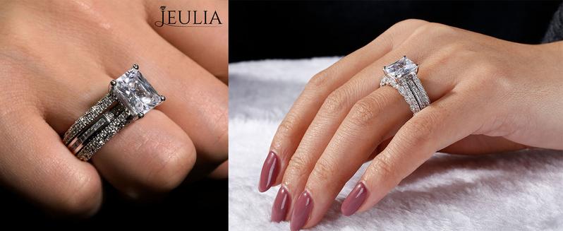 Jeulia Engagement Wedding Ring Set for Women 925 Silver 5.2 Carat Radiant Cut Cubic Zirconia Promise Anniversary Rings with Side Stones s 925 bridal  ring Sterling Silver Zircon