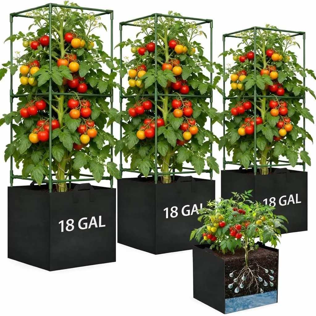 Tomato Cages for Garden, Tomato Planter with Trellis, 48in Tall Square Tomato Trellis with 18 Gallon Grow Bags, Patio & Balcony, Metal Tomato Cage for Tomatoes Cucumbers Peas Climbing , 3 Pack