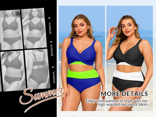 Yonique Women's Plus Size High Waisted Bikini - Two Piece Swimsuit Tummy Control Bathing Suit Twist Swimwear