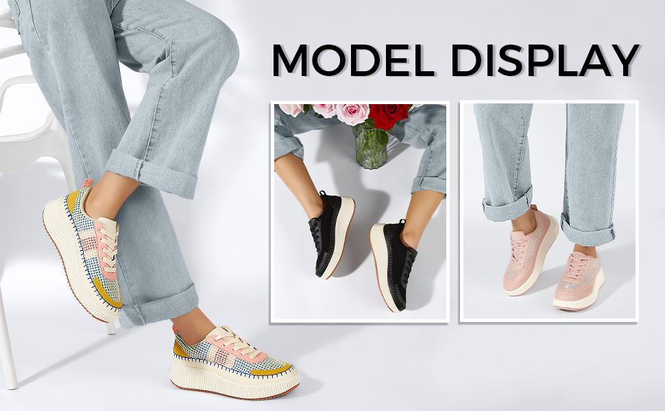 LUCKY STEP Women's Platform Sneakers Rhinestone Fashion Chunky Casual Sparkly Retro Braided Walking Shoes with 2.2 Inch Heel Height & Anti-Slip TPR Outsoles - Athletic Footwear