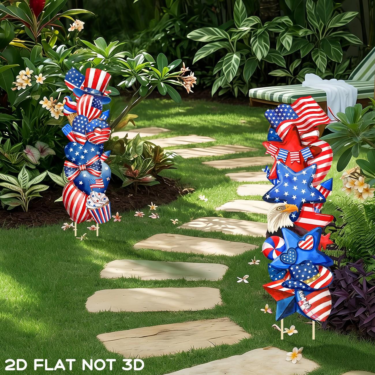 2pcs 4th of July Yard Signs with Stakes, Patriotic American Flag Themed Lawn Decorations, Waterproof Independence Day Outdoor Signs