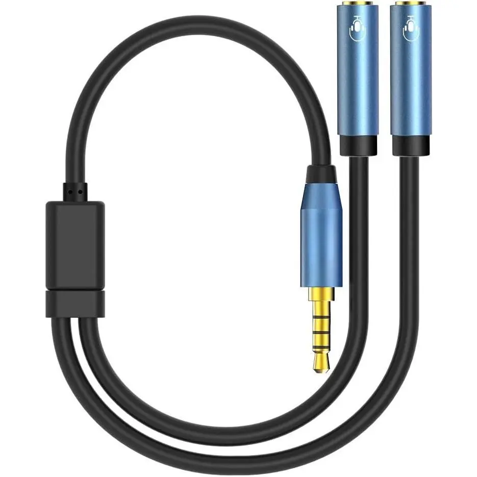Headset Splitter for 2 TRRS Headphones or Mics 3.5mm Audio Splitter |  Blue, Metal Shell, 3.5mm Jack Adapter TRRS 4-Pole Headphone Splitter Male to 2 Female Adapter for Smartphone, Laptop