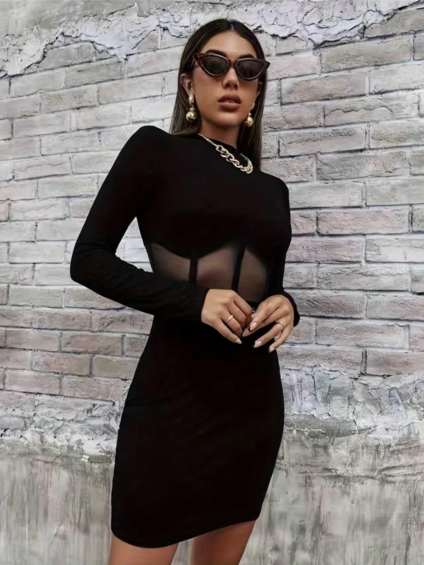 Mesh Patchwork Tight-Fitting Dress, Stylish Women's Clothing, Perfect for Casual Wear, Comfortable and Trendy Design