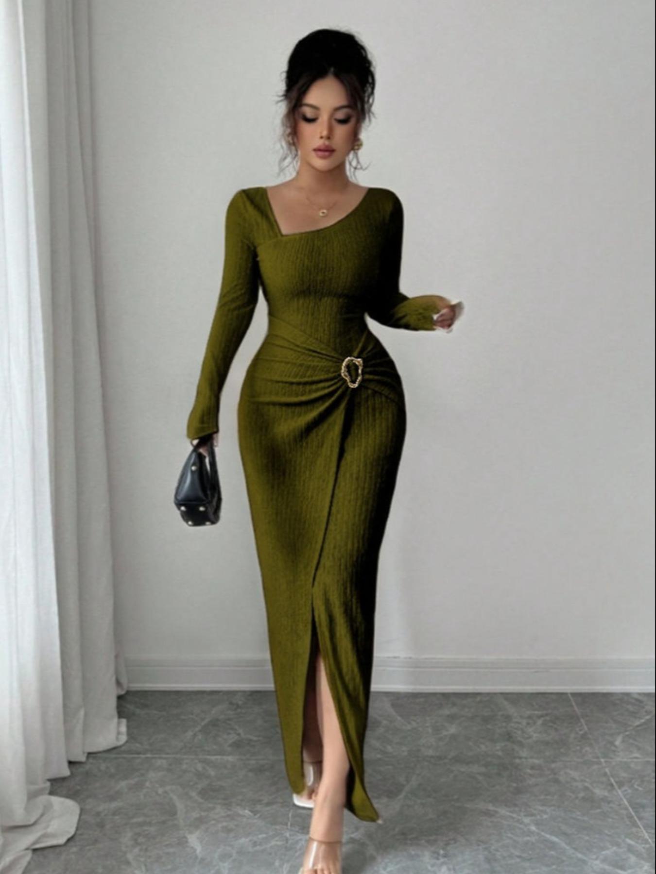 Women's Plain Fashion Twisted Long Dress, Asymmetrical Neck Knit Texture Tight Fit, Elegant Fall Winter Clothing, Twist Split Design