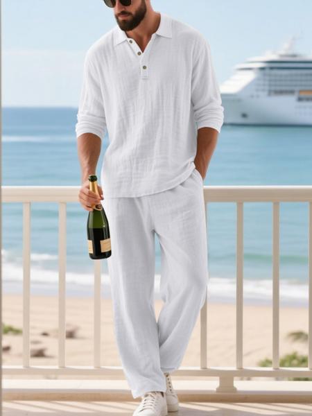 Men's Linen Polo Shirt & Pants Set, Casual Loose-Fit Long Sleeve Top, Spring & Fall Woven Fabric for Daily Wear