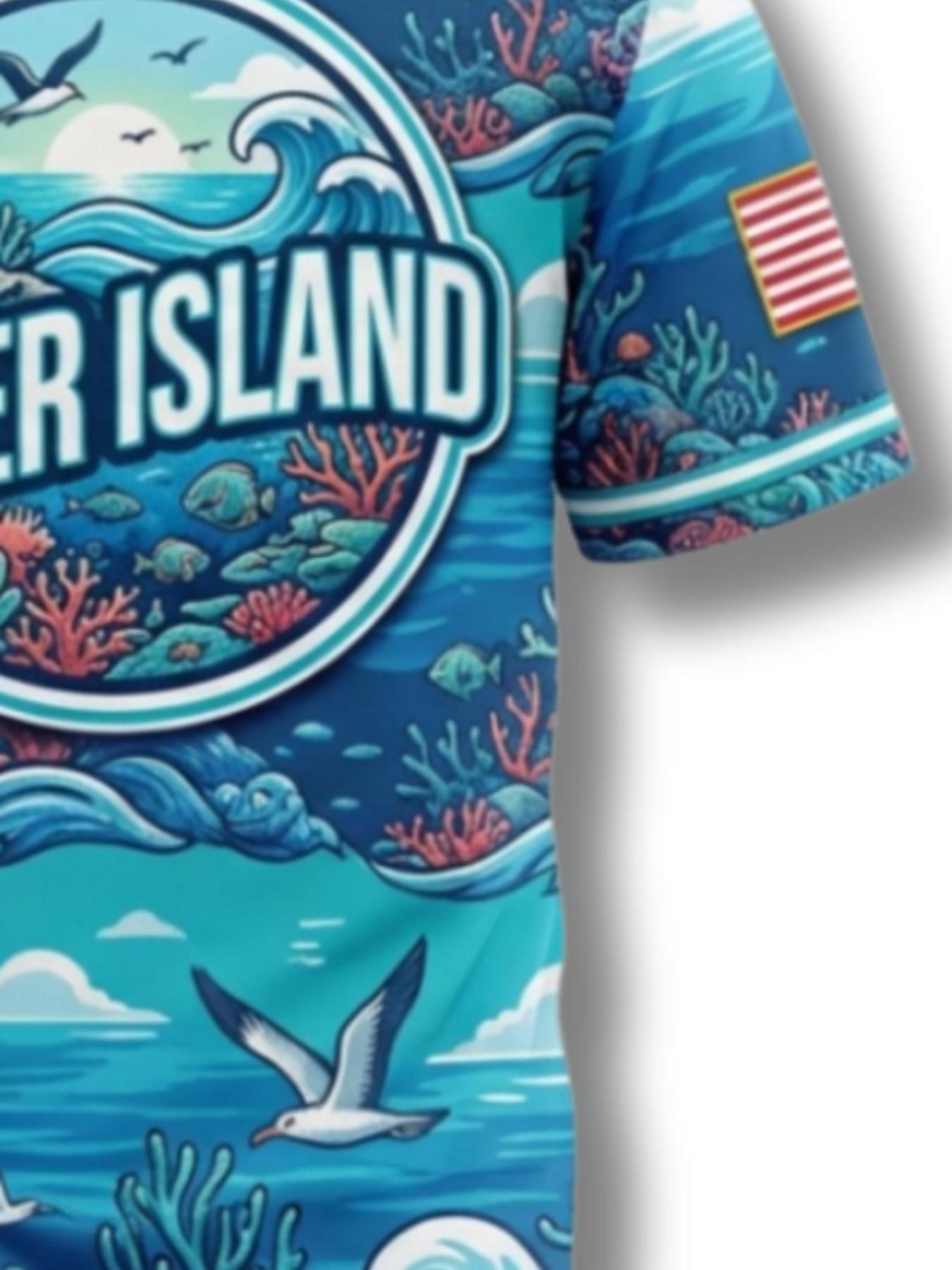 Unisex Casual Baseball Shirt, Jarvis Island Tropical Sports Tee, Baker Island Coral Reef Print, Button Front Short Sleeve, Loose Fit