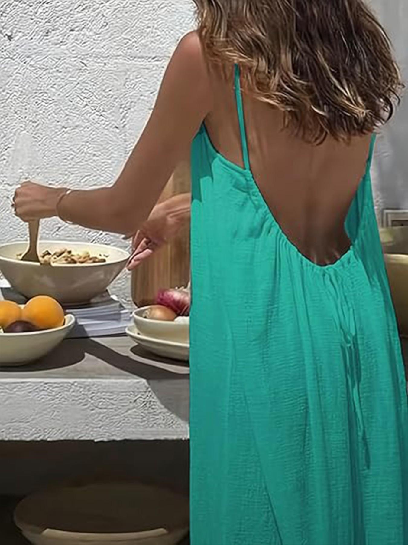 Boho Style Backless Maxi Dress, Spaghetti Strap Low Back Design, Flowy A-Line Cut, Ideal for Spring & Fall Seasons
