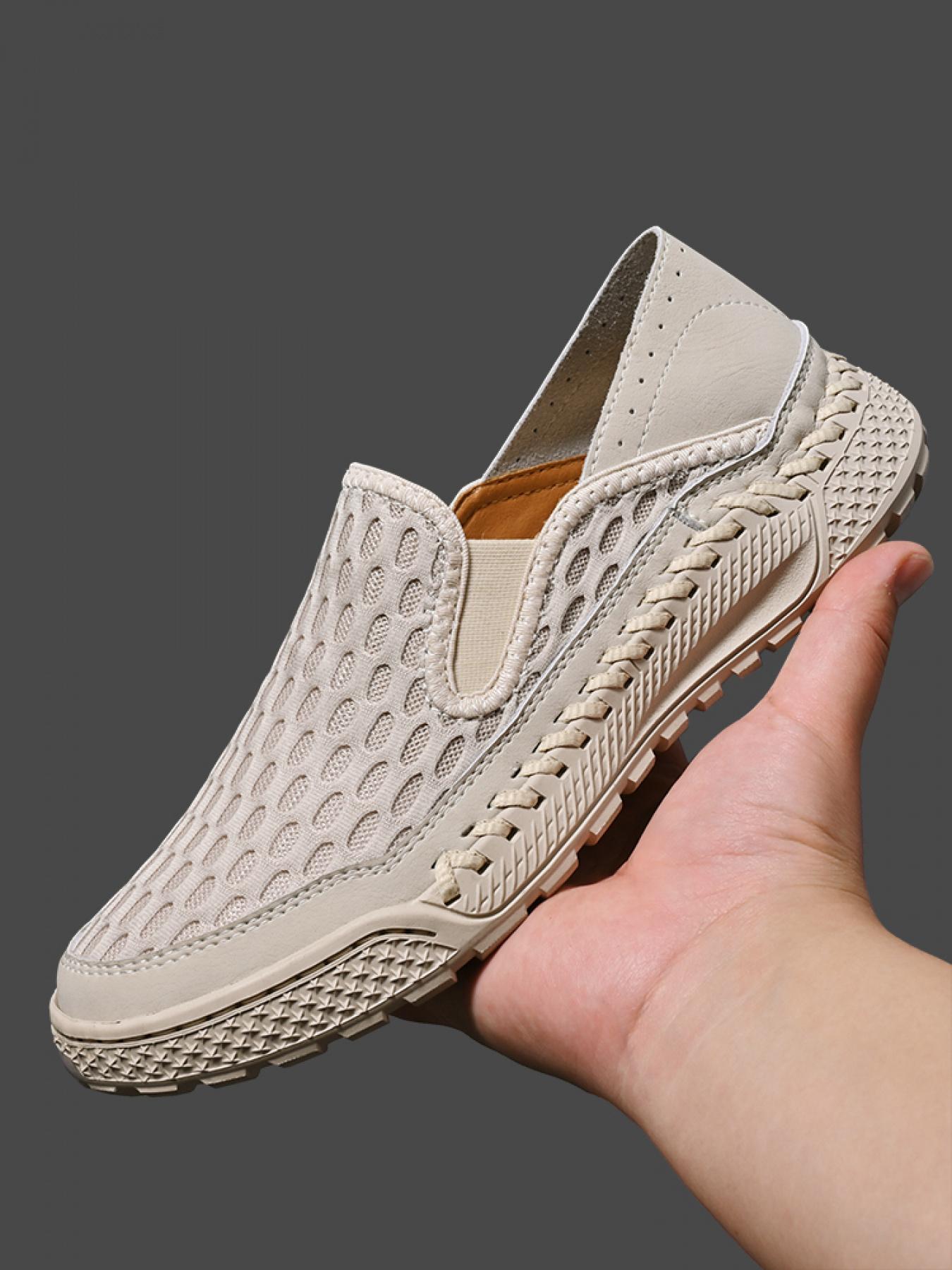 Men's Solid Color Mesh Breathable Slip-On Loafers, Soft Sole Anti-Slip Hand-Stitched Walking Shoes, Lightweight Casual Dad Shoes