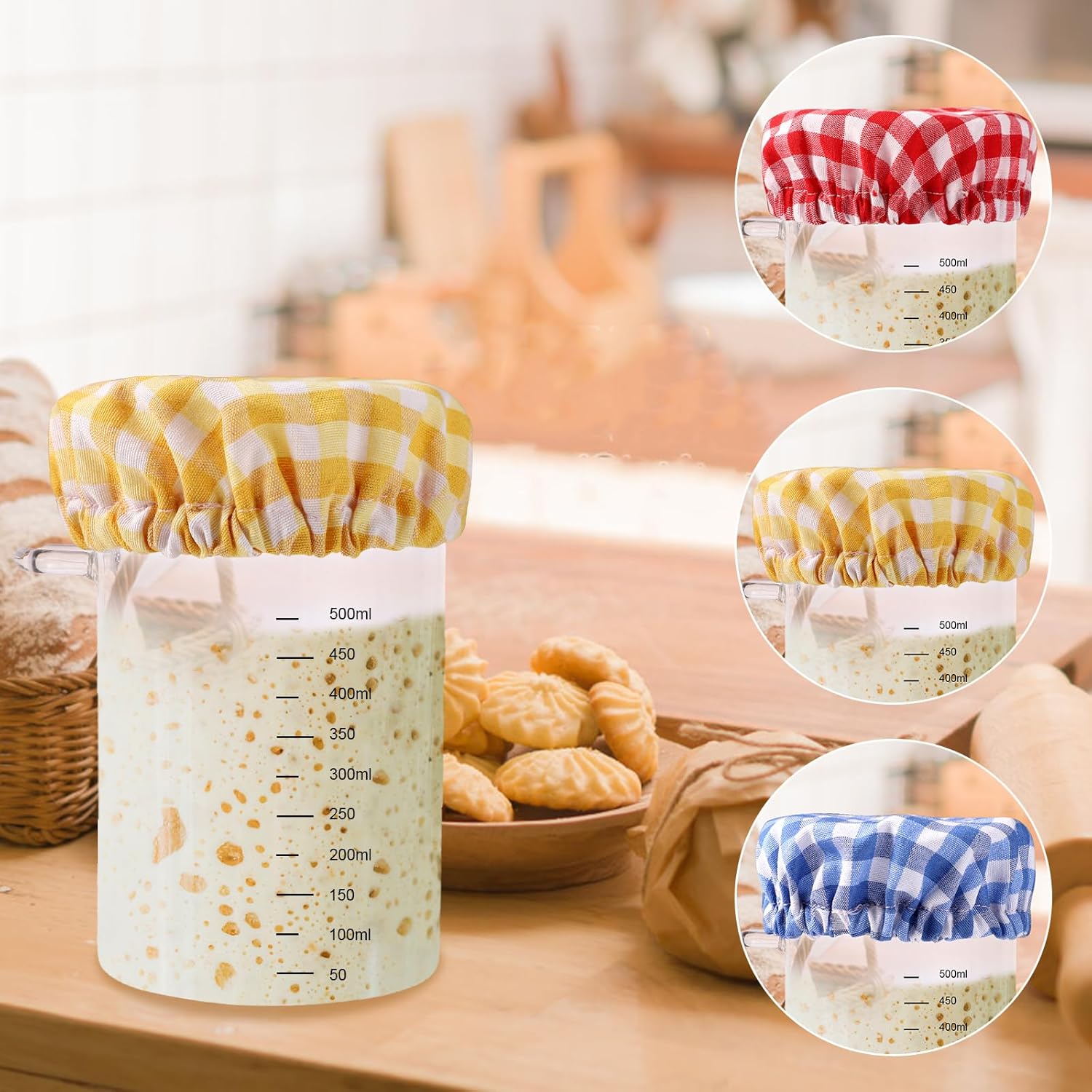 6pcs Jar Cloth Covers, Plaid Cloth Jar Covers Elastic Unbleached Cloth lid Reusable Sourdough Starter Bowl Cover Dough Basket Cover Preserving Lids Food Storage for 3-4 Inch Jar Mouth Kitchen Baking Supplies