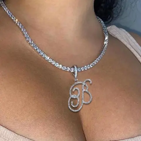 Women's Gold Alphabet Necklace - A-Z Cursive Rhinestone Iced Out Pendant, Fashion Chain Decorated Female Costume Jewelry, Hip Hop Accessory