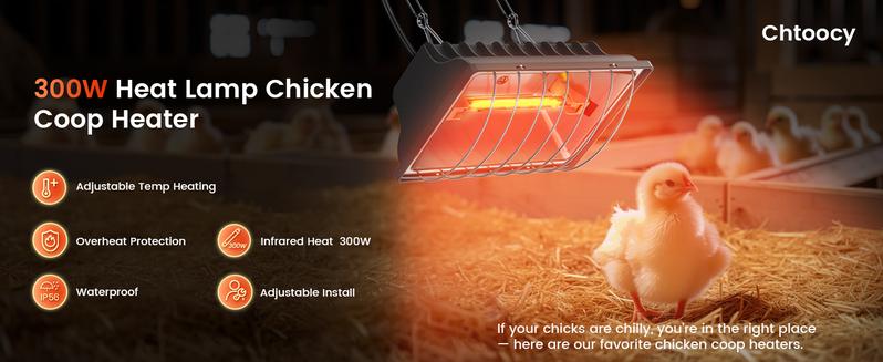 300W Chicken Coop Heater for 30 Chicks Or Ducks, 9.84ft Cord Brooder Heating Plate & Heat Lamp Chicken Coop House with Adjustable Temp & Hanging Height for Livestock Pet Supplies Outdoor