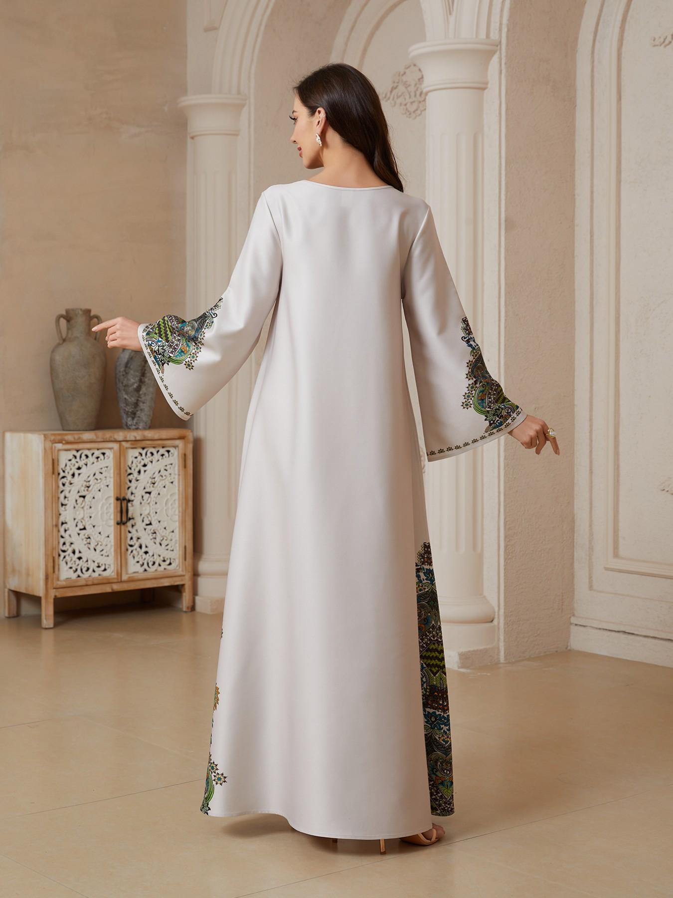 Women's Retro Totem Coconut Flower Print Robe, Dubai Style Kaftan Evening Gown, Eid Al-Fitr Festival Abaya, Traditional Middle Eastern Dress