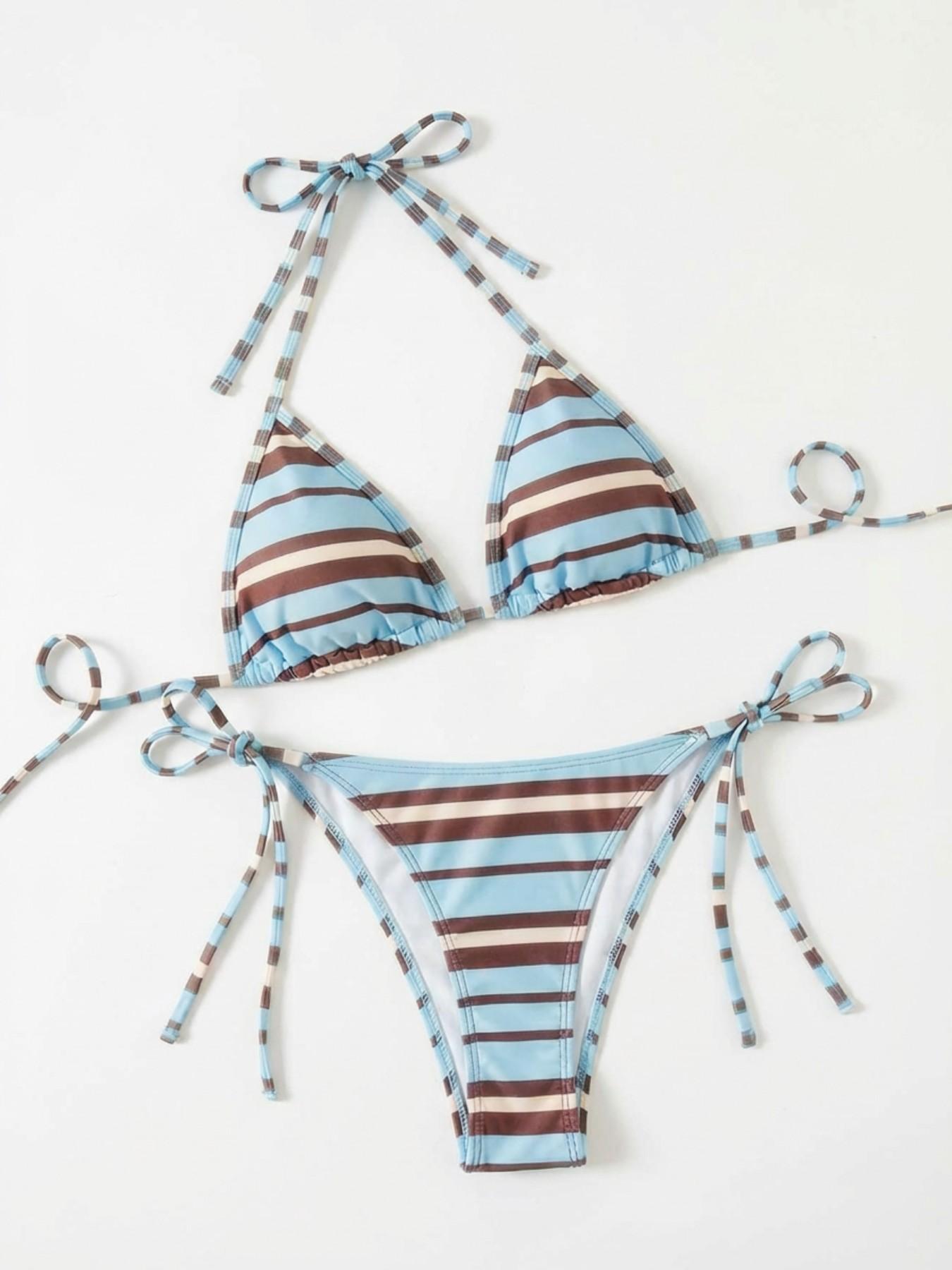 Vintage and Blue Striped Fitted Bikini Set, Thin Strap, Holiday Style, All Seasons, Beach Vacation Wear