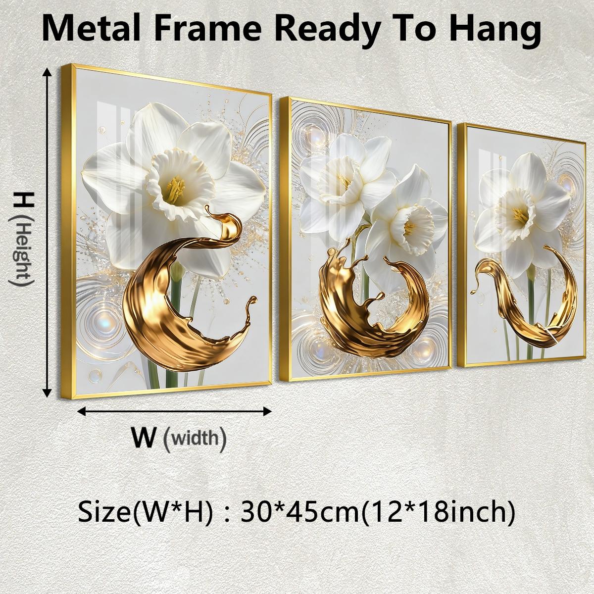 3 Counts Aluminum Alloy Framed Painting, White Daffodil Flowers With Golden Liquid Art Pictures, Home Decoration For Living Room, Bedroom, Office, Restaurant, Hallway Wall Decor, Odorless Print Artwork, Luxury Perfect Gift For Friends And Family
