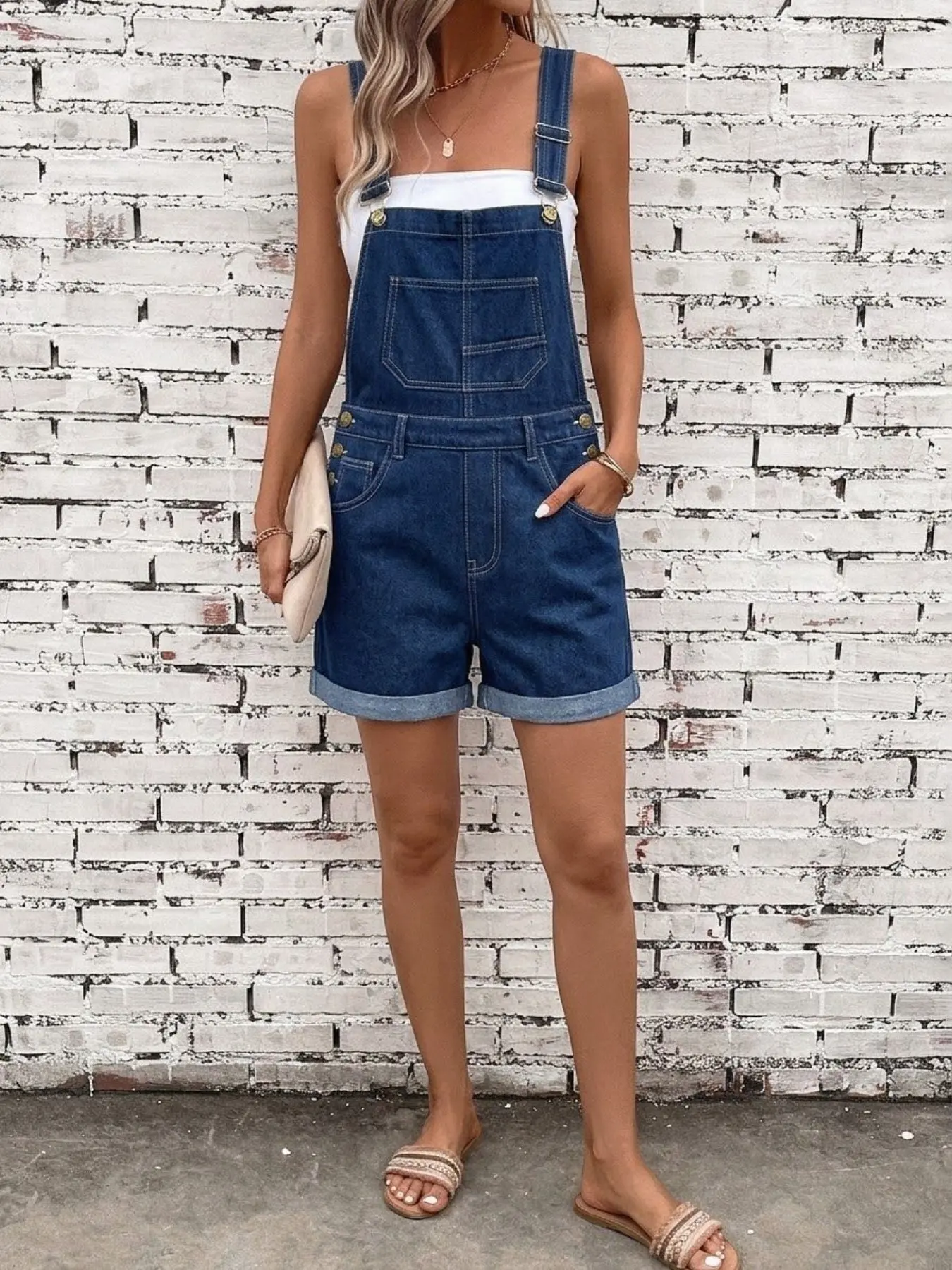 Lkuily Raw Dark Blue Adjustable Cross Back Denim Overall Shorts, Side Multi Buttons Cuffed Hem Vintage Workwear Multi-Pocket Casual Denim Overalls For Women