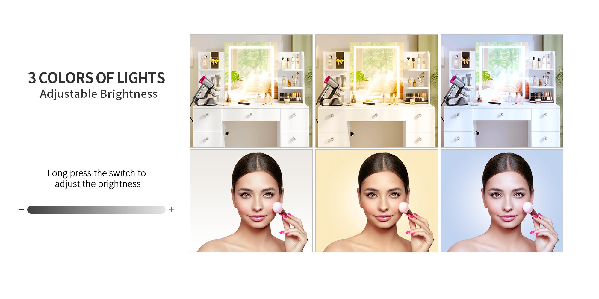 【Assembly video available】VOWNER Modern 55" Tall Makeup Vanity Table Set with 3 Color Lighted Mirror 7 Drawers & Outlet Gift