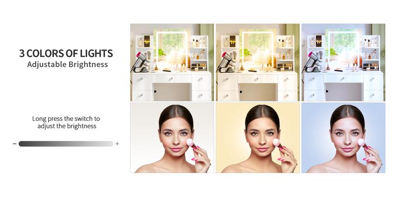 【Assembly video available】VOWNER Modern 55" Tall Makeup Vanity Table Set with 3 Color Lighted Mirror 7 Drawers & Outlet Gift