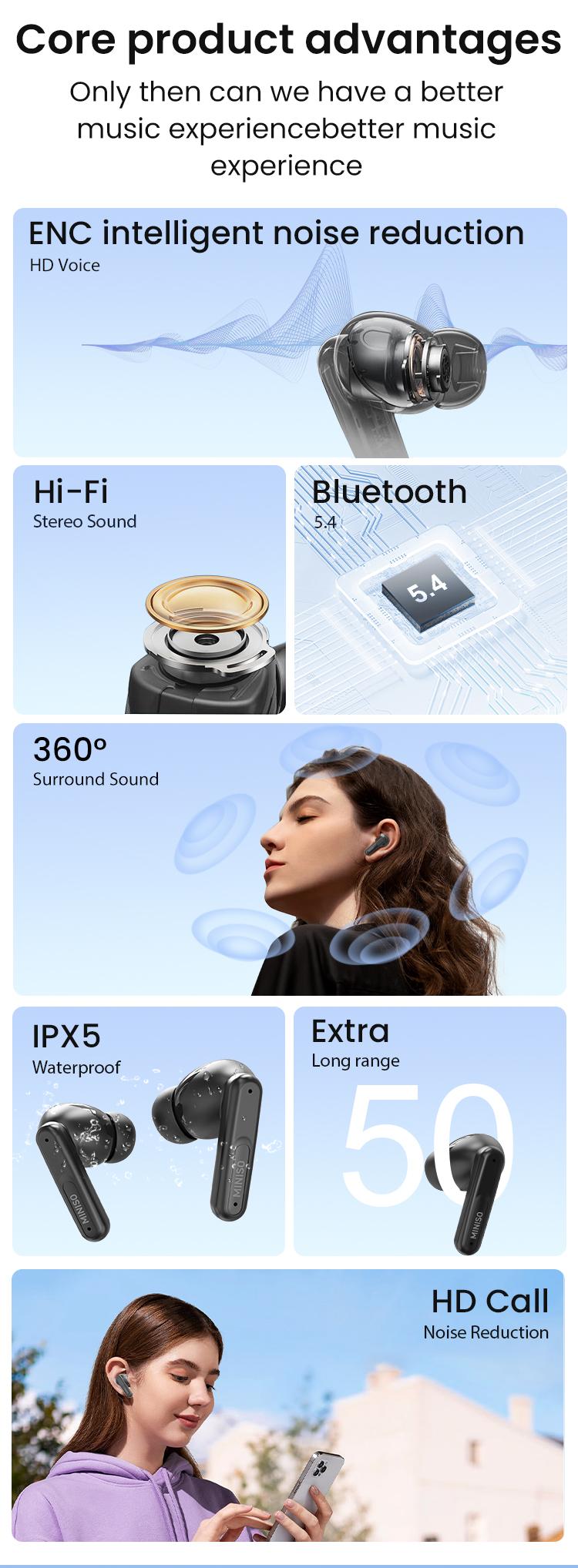 MINISO X50 Bluetooth Headphones True Wireless Earbuds 60H Playback LED Power Display Earphones IPX5 Waterproof in-Ear Ear buds with Mic