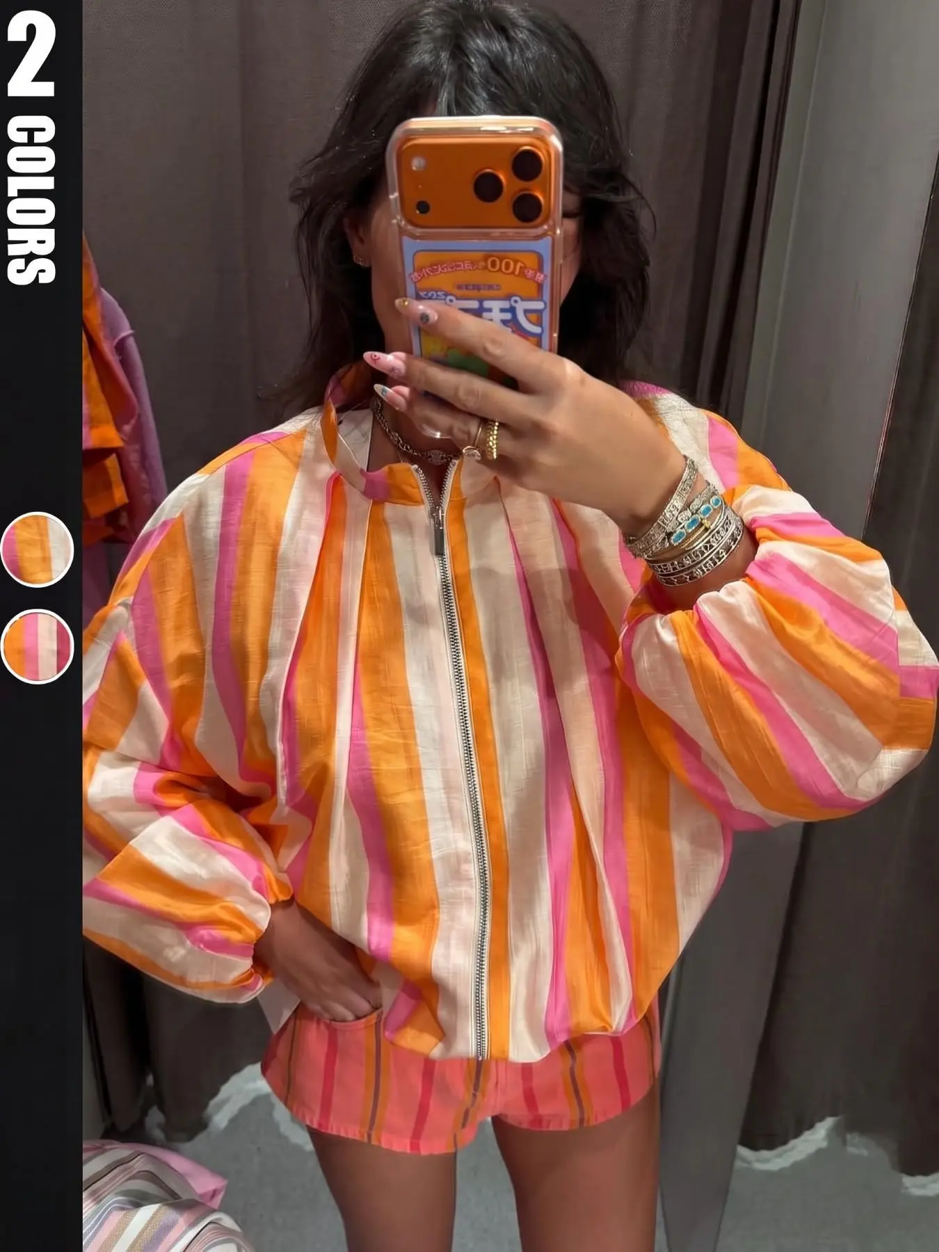 【Back to School Outfits】Women's Spring Summer Striped Bright Color Contrast Lightweight Zipper Jacket with Pockets, Casual Elegant Streetwear Pilot Coat