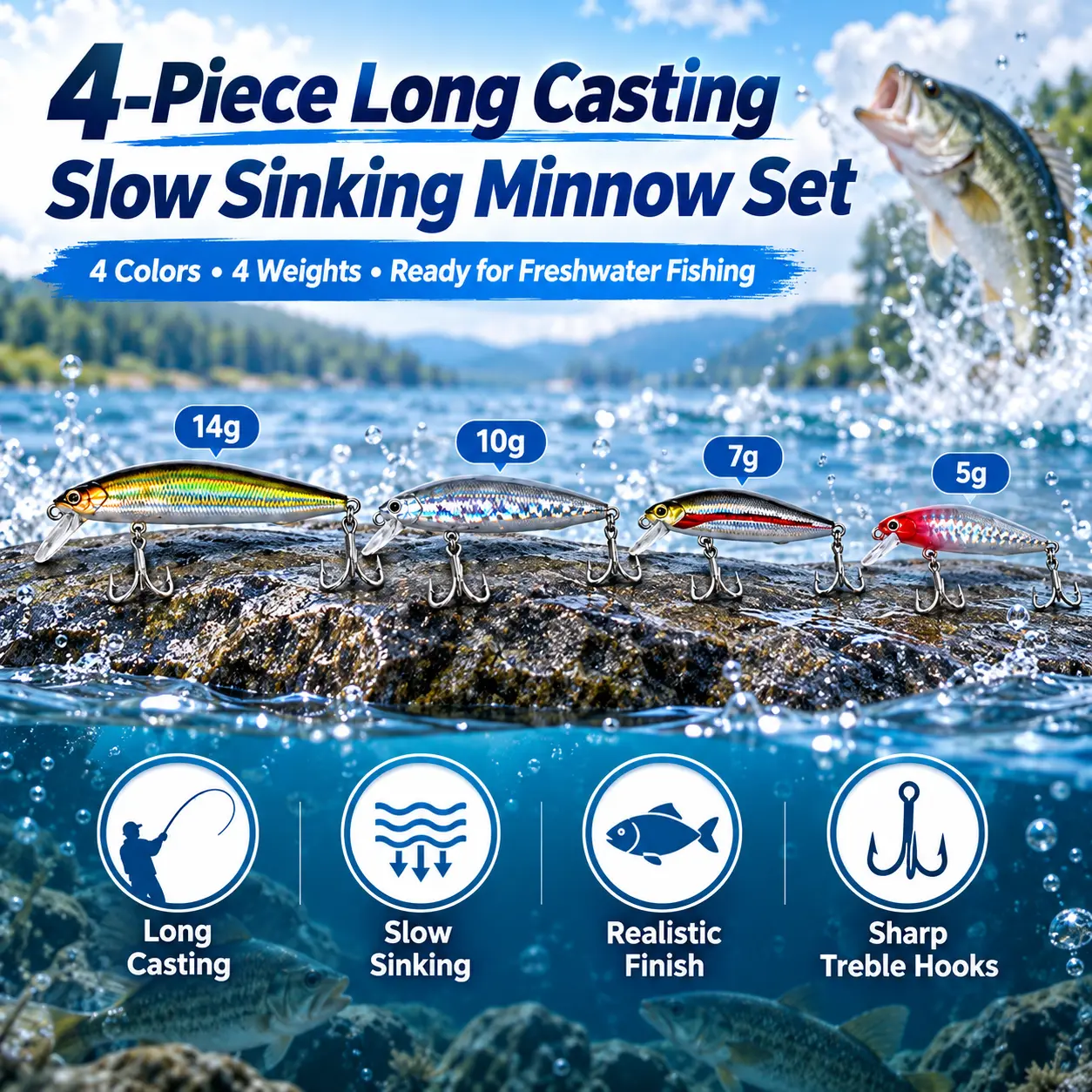 4PCS Long Cast Slow Sinking Minnow Fishing Lure Set, 5g/7g/10g/14g Assorted Hard Jerkbaits, 4 Colors with Treble Hooks for Bass Trout Pike, Freshwater & Saltwater