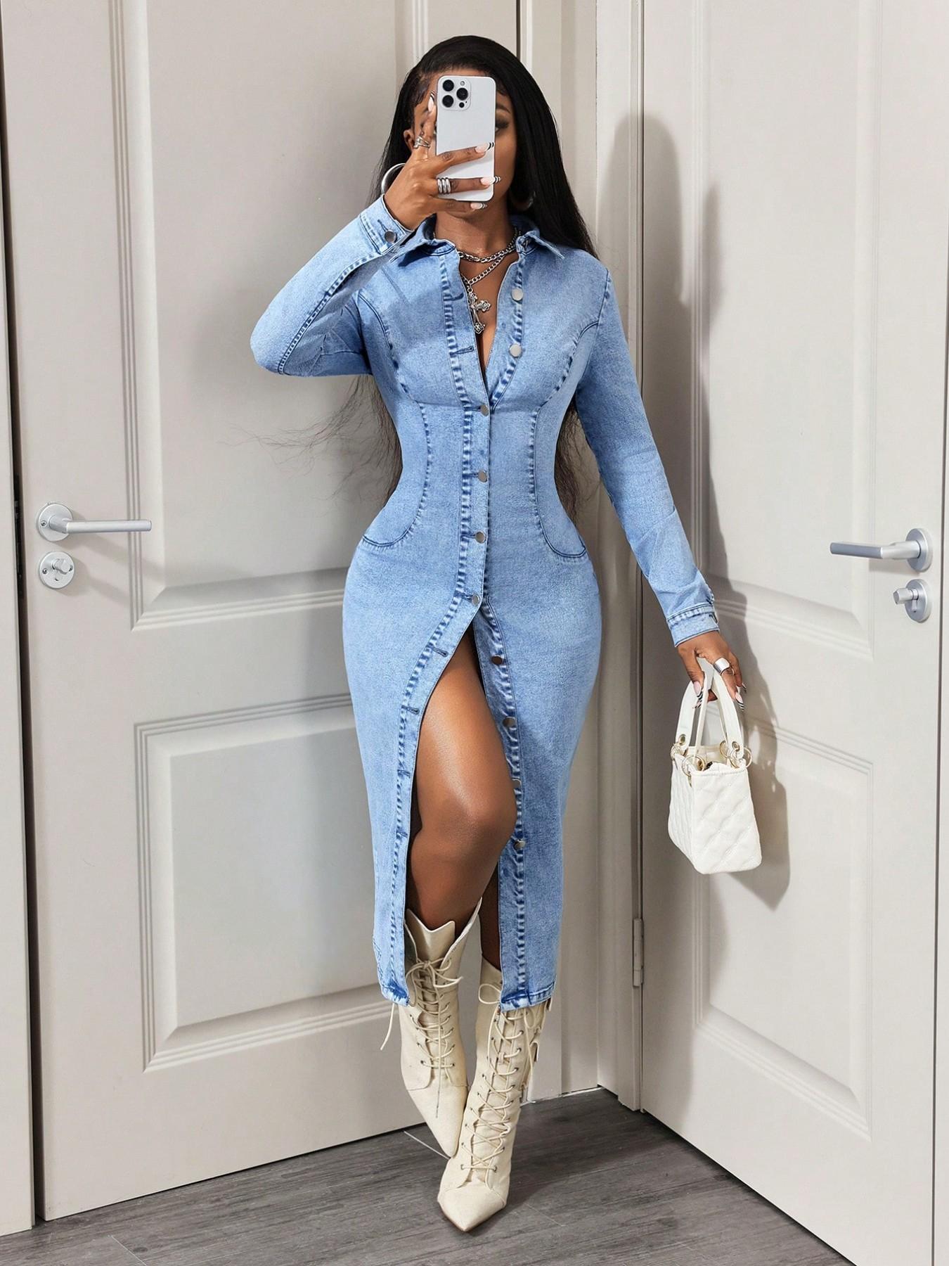 Elegant Summer Women's Dress, Slim-Fitting Long Sleeve Denim Dress, Casual Solid Color, Front Button Design, Daily Wear