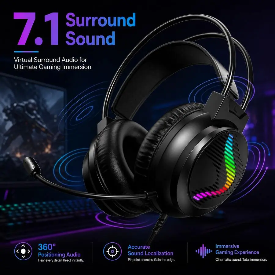 Wired Over-Ear Headset for Gaming, Adjustable Noise-Isolating Microphone, Colorful Gradient LED Lighting, Soft Padded Earcups, USB & 3.5mm Jack Plug-and-Play, Surround Sound for PC