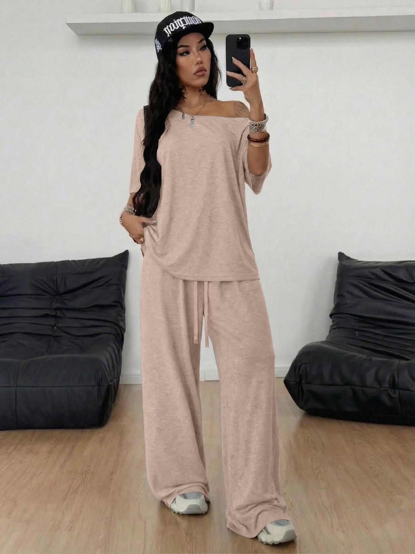 Women's Solid Color Matching Two-Piece Set, Asymmetrical Neckline Top & Drawstring High Waist Wide-Leg Pants, Adjustable Basic Casual Everyday Loungewear