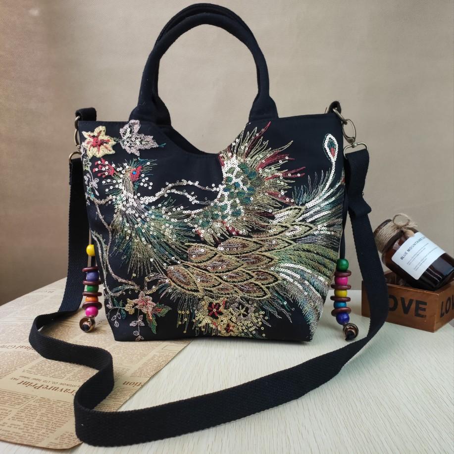 Outdoor Bohemian Canvas Tote Bag with Good luck, auspiciousness, Chinese style Phoenix Sequin Totem Design, Handmade Embroidery