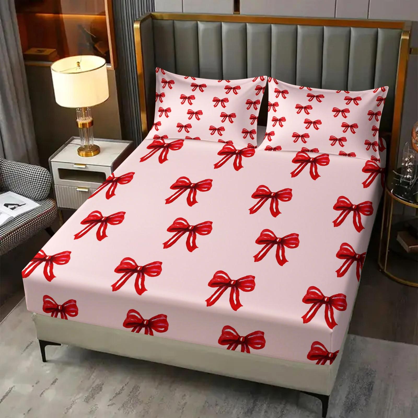 3Pcs Cute Bow Knot Fitted Sheet Set, Fresh Pastel Ribbon Deep Pocket Bed Sheet, Sweet Gift for Girls & Women for Bedroom