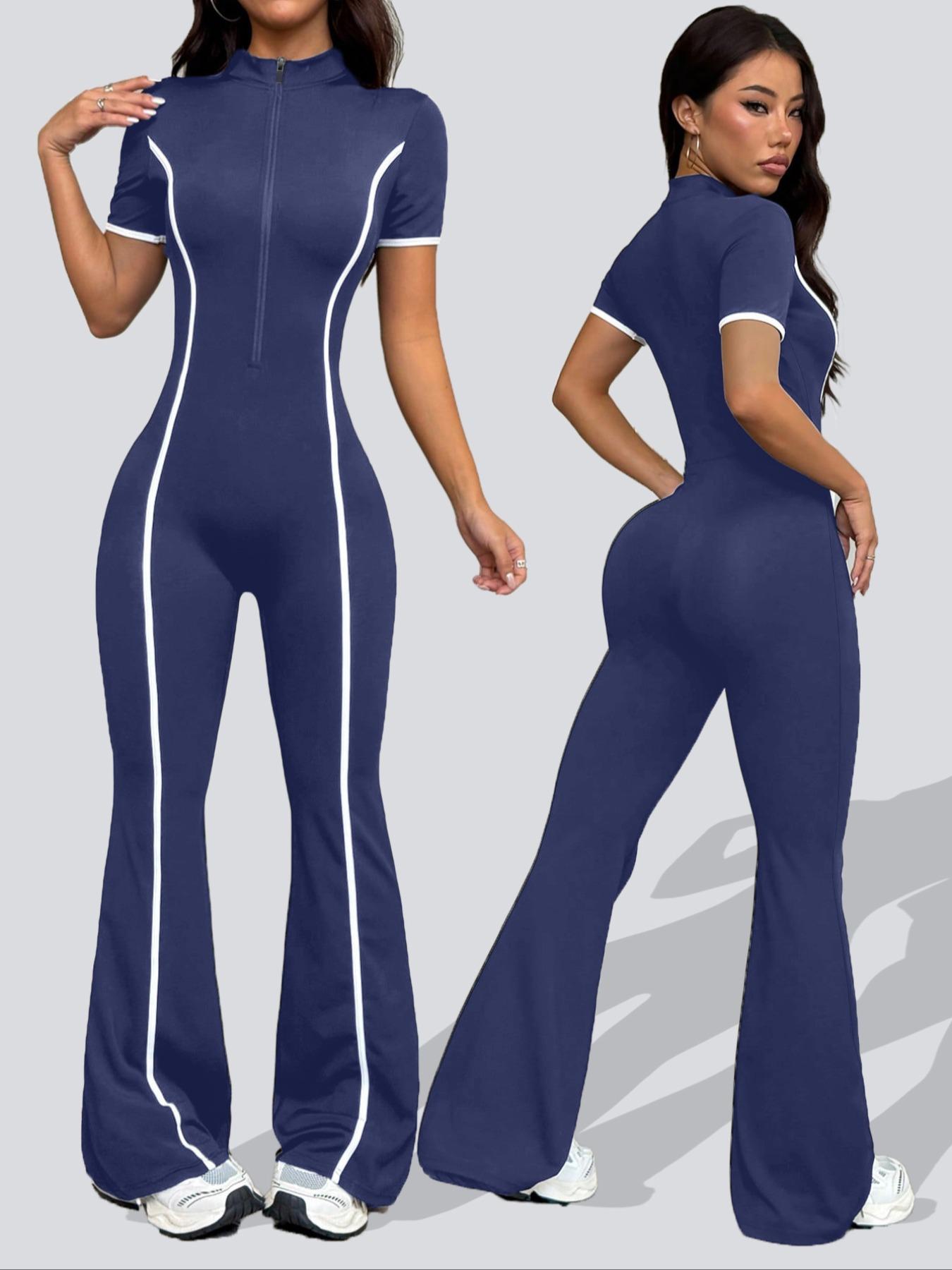 Women's Colorblock Zipper Knit Yoga Sporty Comfy Jumpsuit, Long Sleeve Casual Fashion, Slim-Fitting Below Ankle Pants for All Seasons