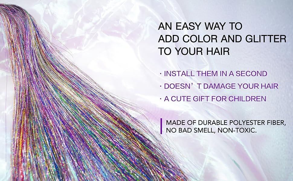 Clip in Hair Tinsel, Pack of 6 Pcs 24 Inch,Glitter Tinsel Hair Extensions 24 Inches, Festival Tinsel Fairy Hair Extension Party Dazzle Hair Accessories Strands Kit for Women Girls Kids