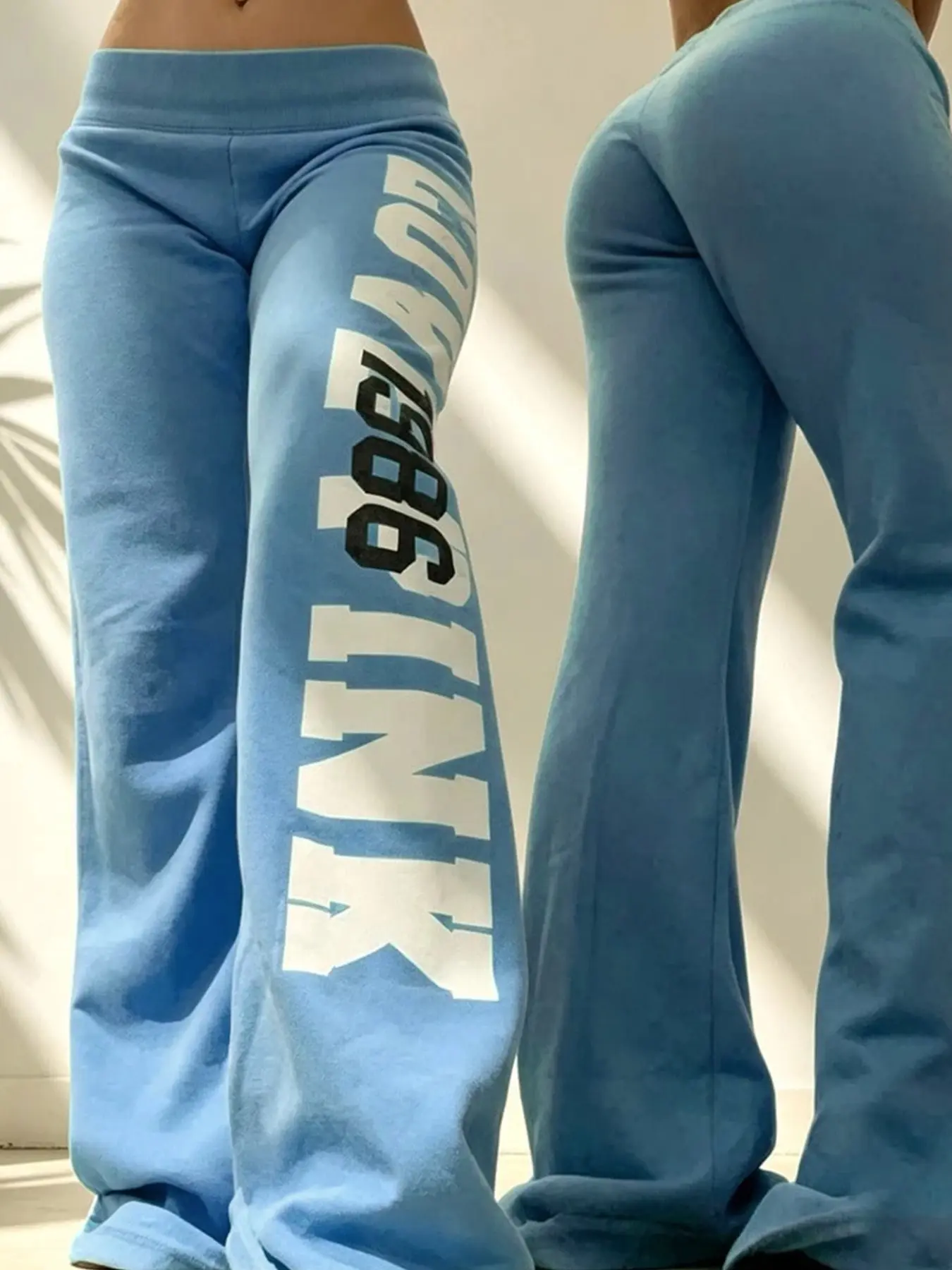Lake Blue Vertical Letter Print Low Waist Micro Flare Sweatpants, Wide Waistband, Straight-Leg, Soft Knit, Retro Y2K Style