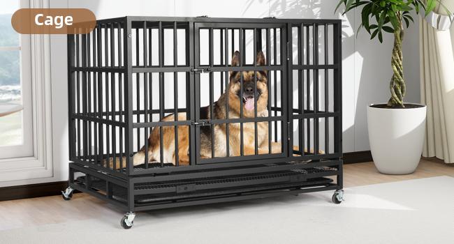 42” Heavy Duty Indestructible Dog Crate, High Anxiety Dog Crate, Escape Proof Dog Cage Kennel with 4 Lockable Wheels, Double Sturdy Locks, Double Door and Removable Tray Design, for Large Dogs