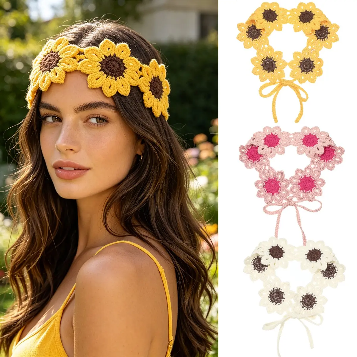 AWAYTR 3Pack Boho Headbands Crochet Hair Bandanas Floral Head Bands Hippie Black Hair Scarfs Tie Back Head Kerchief Knitted Solid Color Hairband Fashion Hair Accessories for Women (Sunflower)