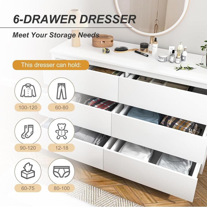 Karlhome Dresser for Bedroom,55'' Modern Large 6 Drawer Dresser with Deep Drawer,Wide Storage Chest of Drawers,Wood Bedroom Storage Organizer Furniture for Closet