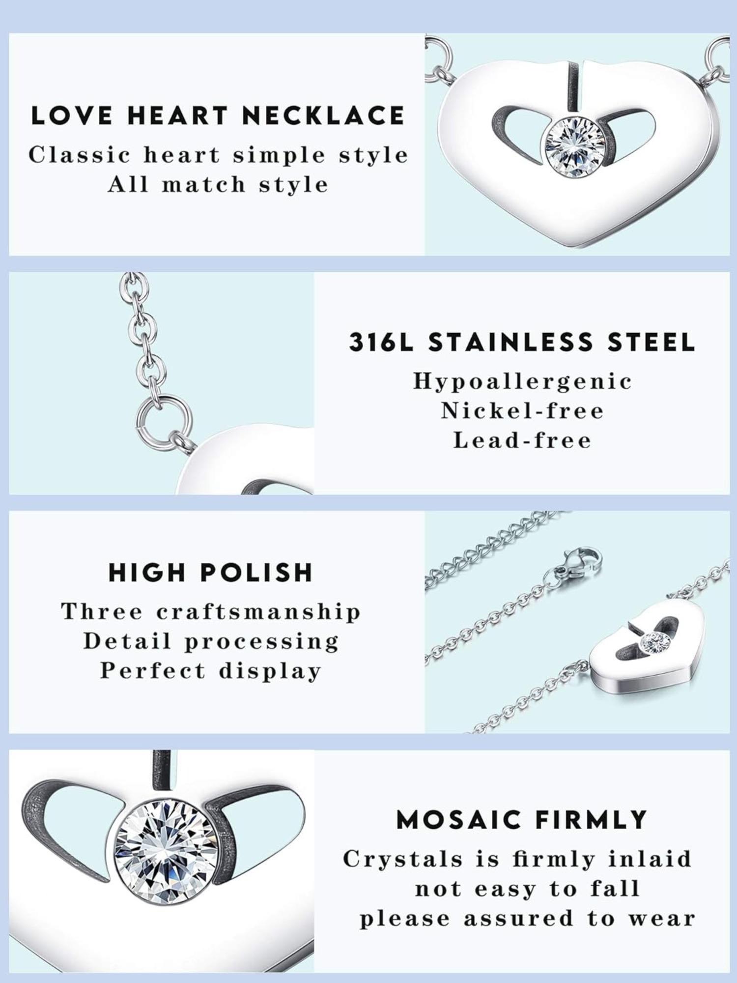 1 Pc Silvery Sweet Swarovski Crystal Heart Necklace for Women Men Trendy 316L Stainless Steel Dainty Love Pendant Necklace with Shining Swarovski Crystal Hypoallergenic Jewelry for Rave Festival Perfect Gift for Her