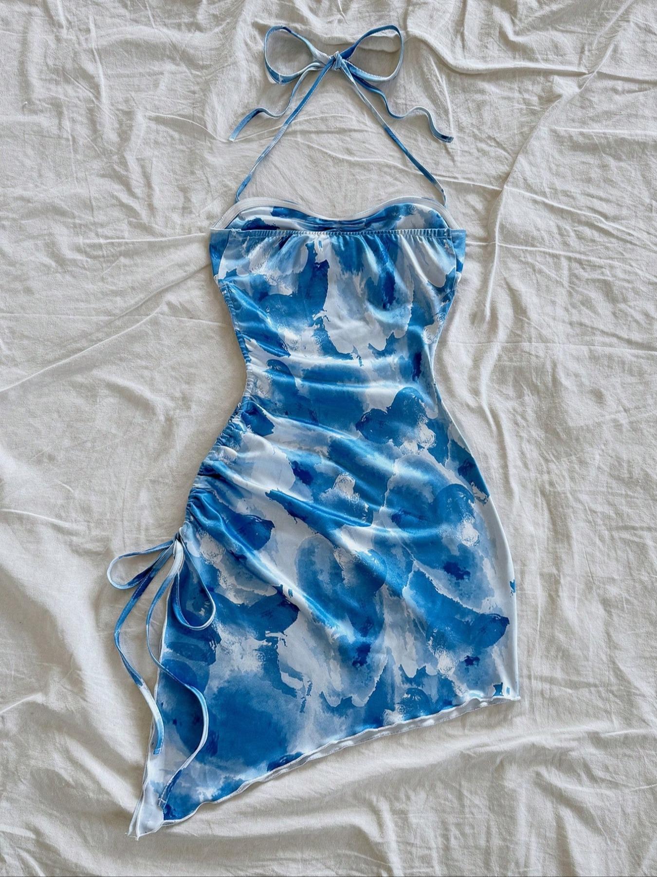 Women's All Over Print Ruched Drawstring One-piece Swimsuit, Casual Fashion Backless Tie Front Halter Swimwear for Beach Holiday Vacation, Ladies Swimsuit for All Seasons