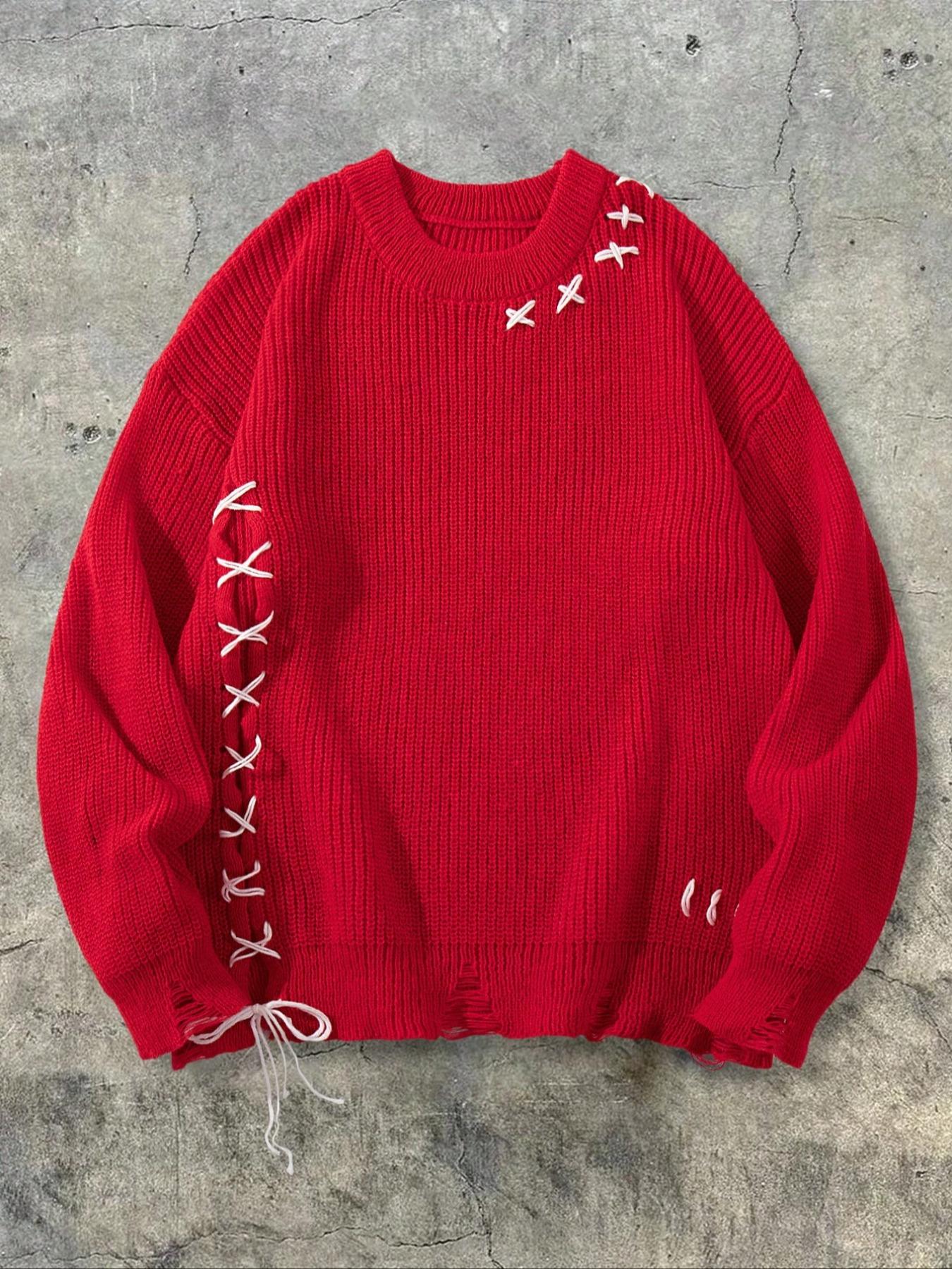 Men's Ripped Lace Up Drop Shoulder Sweater, Loose Street Fashion Long Sleeve Round Neck Jumper for Spring & Fall, Fashion Men's Knitwear for Daily Wear