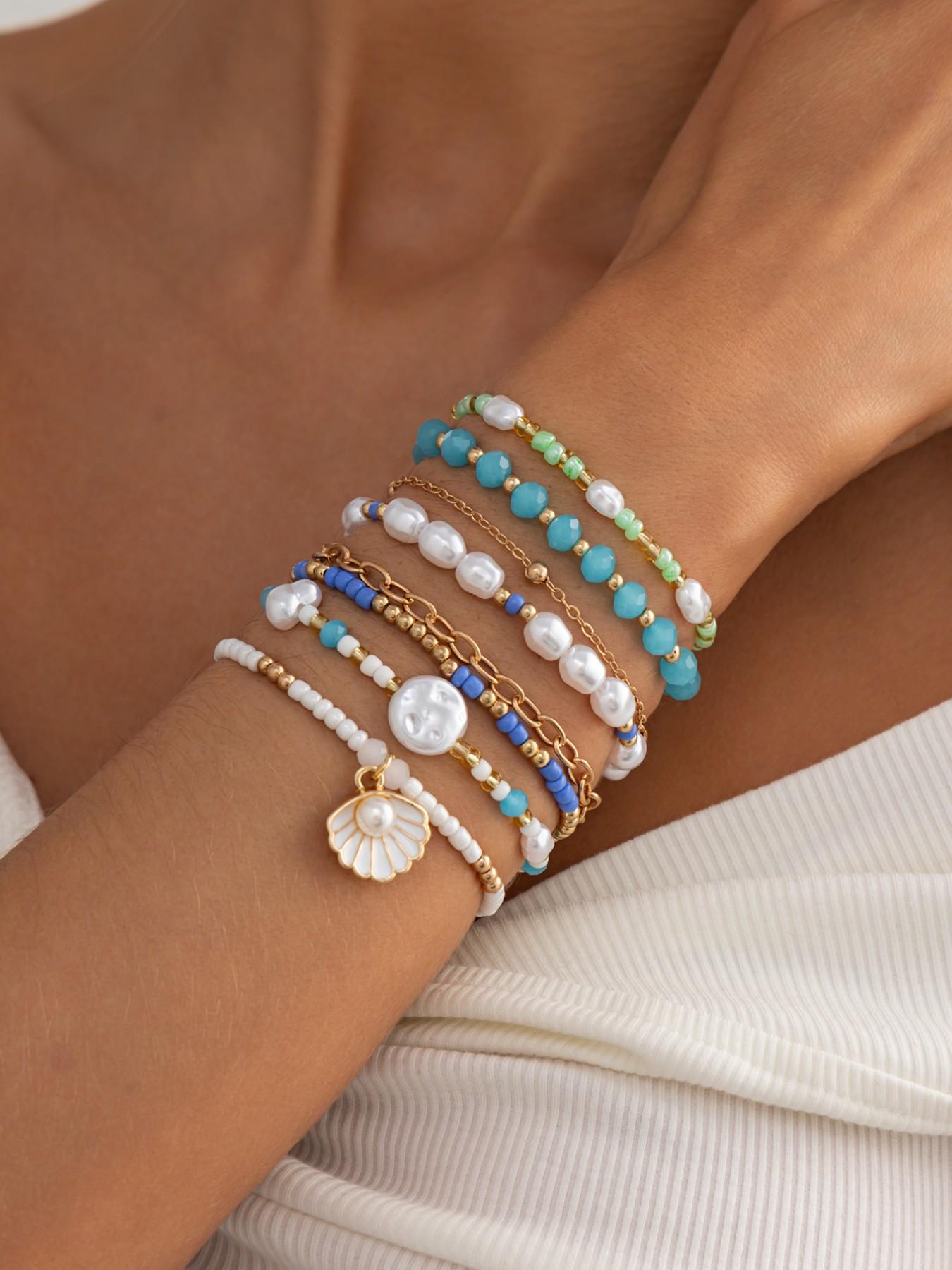 8-Piece Boho Multi-Layer Beaded Bracelet Set, Shell Faux Pearl Blue Block Stackable Wristbands, Spring Summer Beach Vacation Style