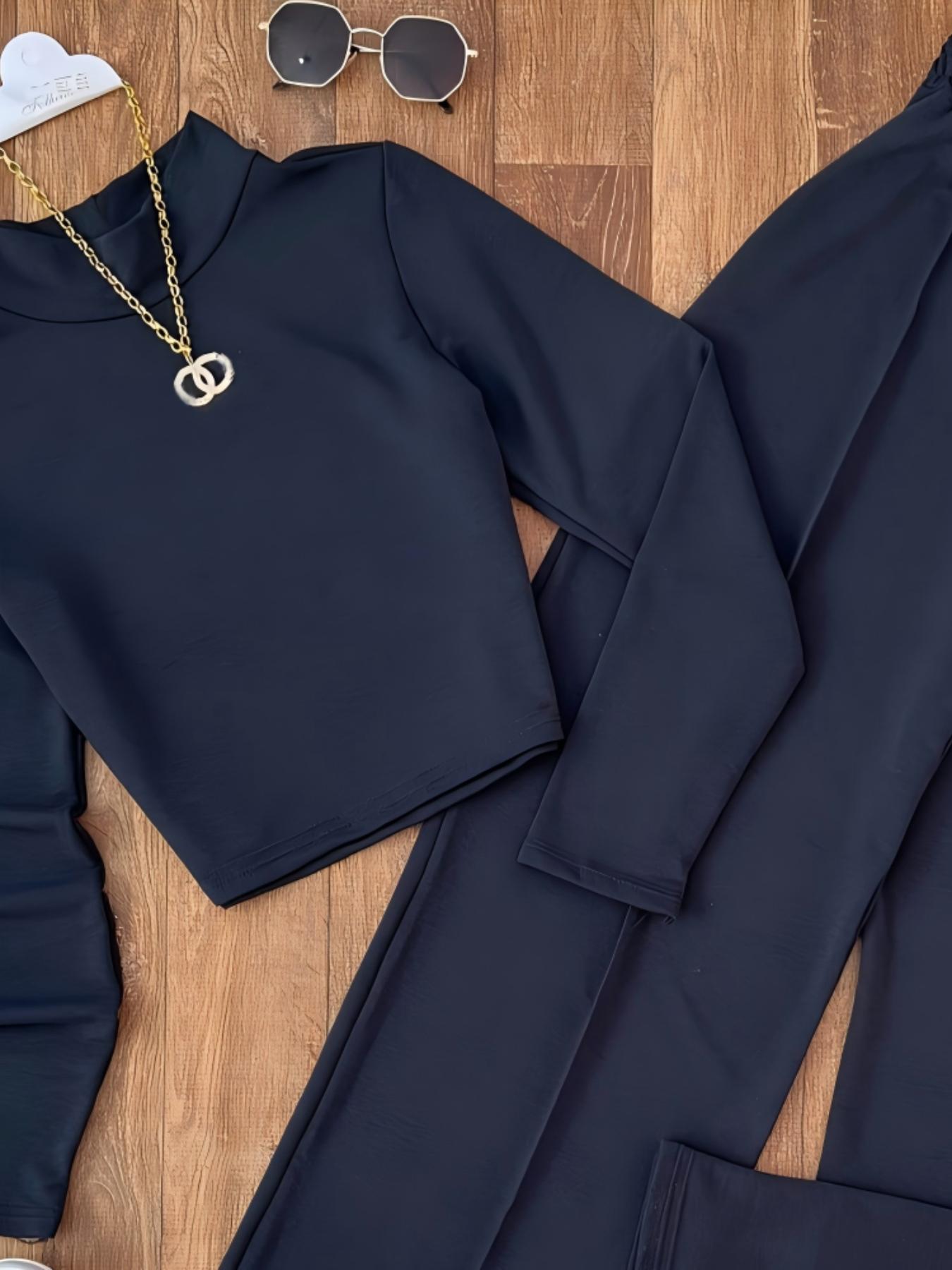 Women's Spring & Fall Fashion Two-Piece Set, Long Sleeve Woven Plain Pattern Slim Fit Casual, Perfect for Daily Wear