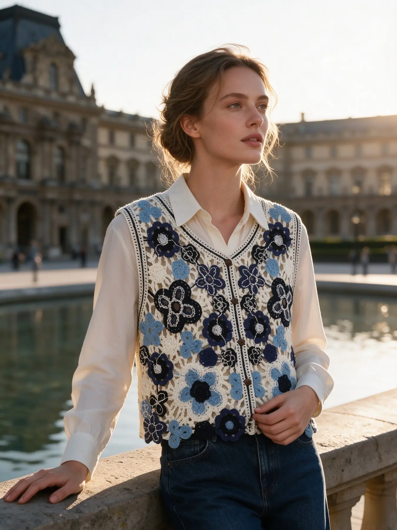 Boho Sleeveless V‑Neck Button‑Front Crochet Waistcoat for Women, Sequined Bead‑Embellished Knit Gilet, Soft‑Warm Lightweight Layering Outerwear, Fashion‑Forward Cozy Vest for Autumn‑Winter Daily and Indoor Outfits, Floral Tops