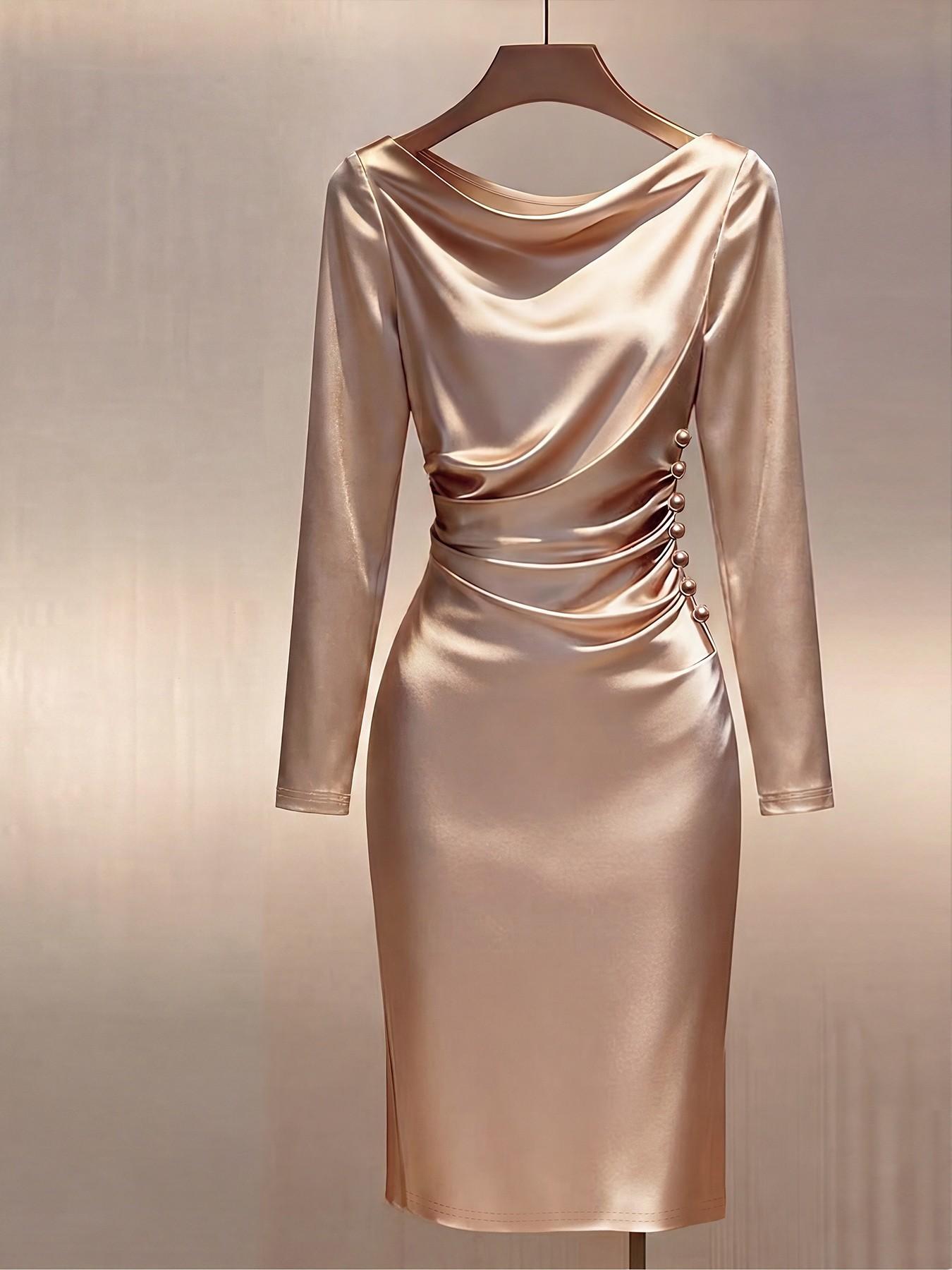 Champagne Color Midi Dress, Long Sleeve Elegant Chic Style Ruched, Knitted Glossy Fabric, Perfect for Office, Parties, Dates, Evening, Summer New Arrival