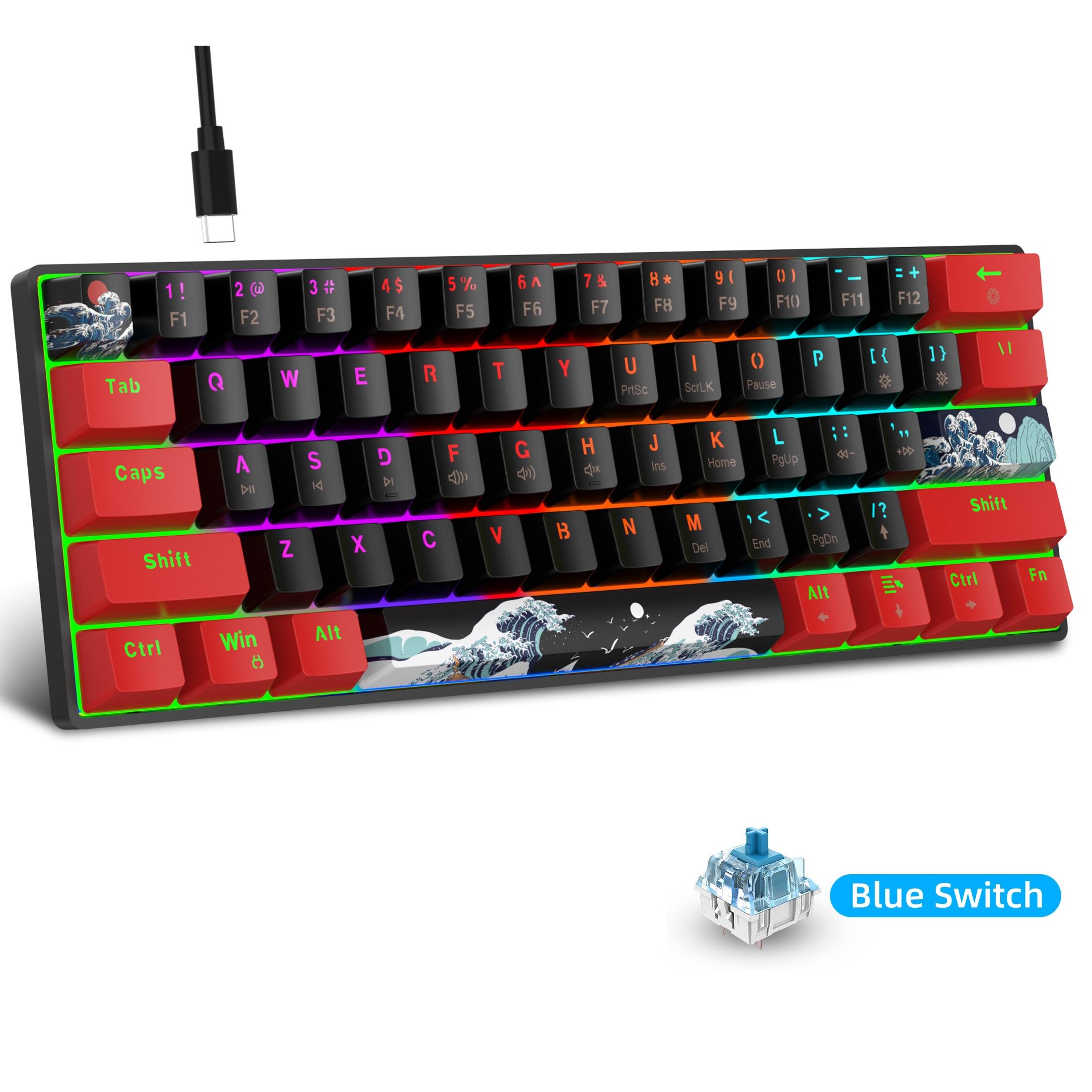 60% Mechanical Keyboard, Gaming Keyboard with Blue Switches, Sea Blue Backlit, RGB Backlit Keyboard, Small Compact Design, Portable 61 Key for Gamers