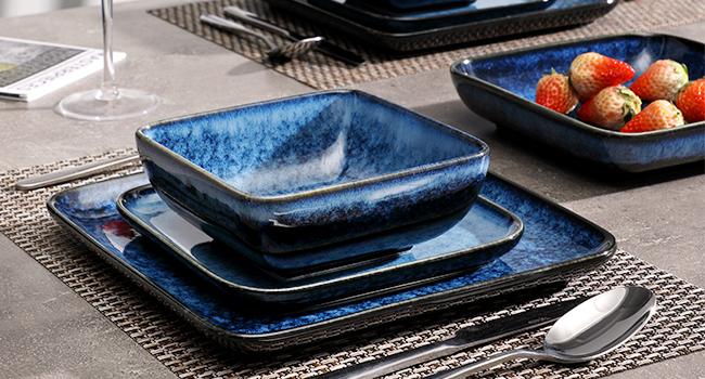 vancasso Stern Blue/Green Dinner Set Square Reactive Glaze Tableware 12/16 Pieces Kitchen Dinnerware Stoneware Crockery Set with Dinner Plate, Dessert Plate, Bowl Service for 4 People Ceramics