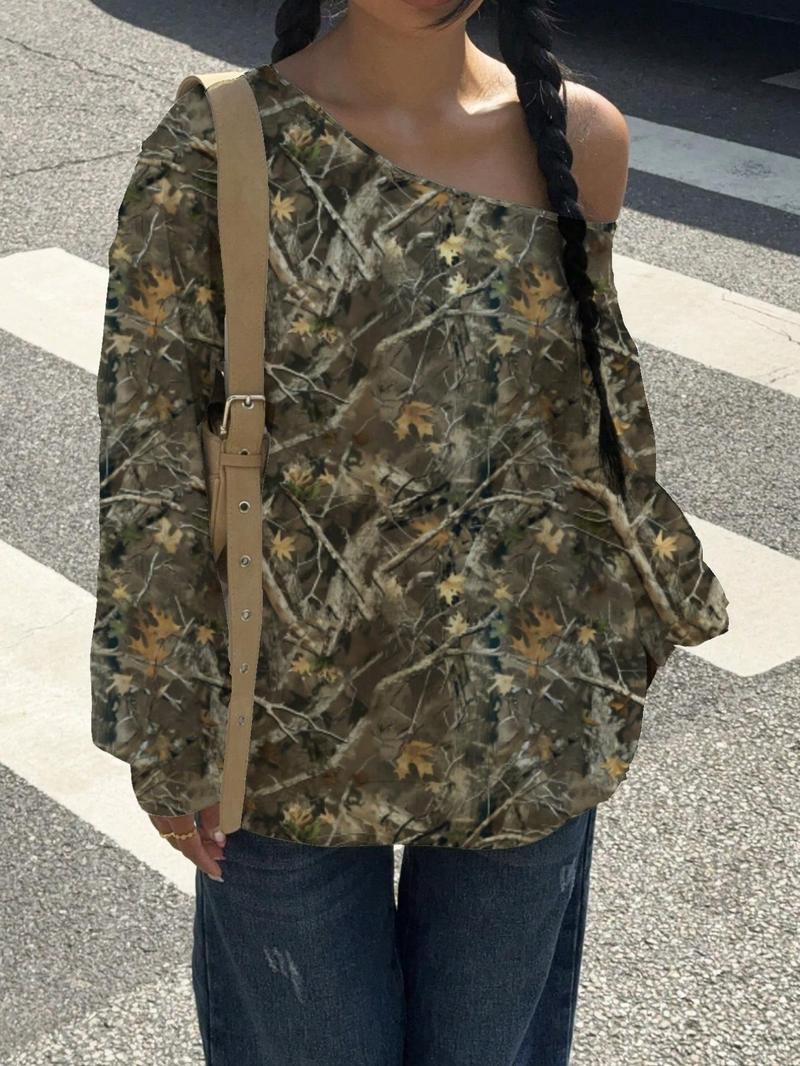 Women's Plain Off Shoulder  Sweatshirt, Casual Drop Shoulder Long Sleeve Pullover for Daily Wear, Ladies Clothes for All Seasons