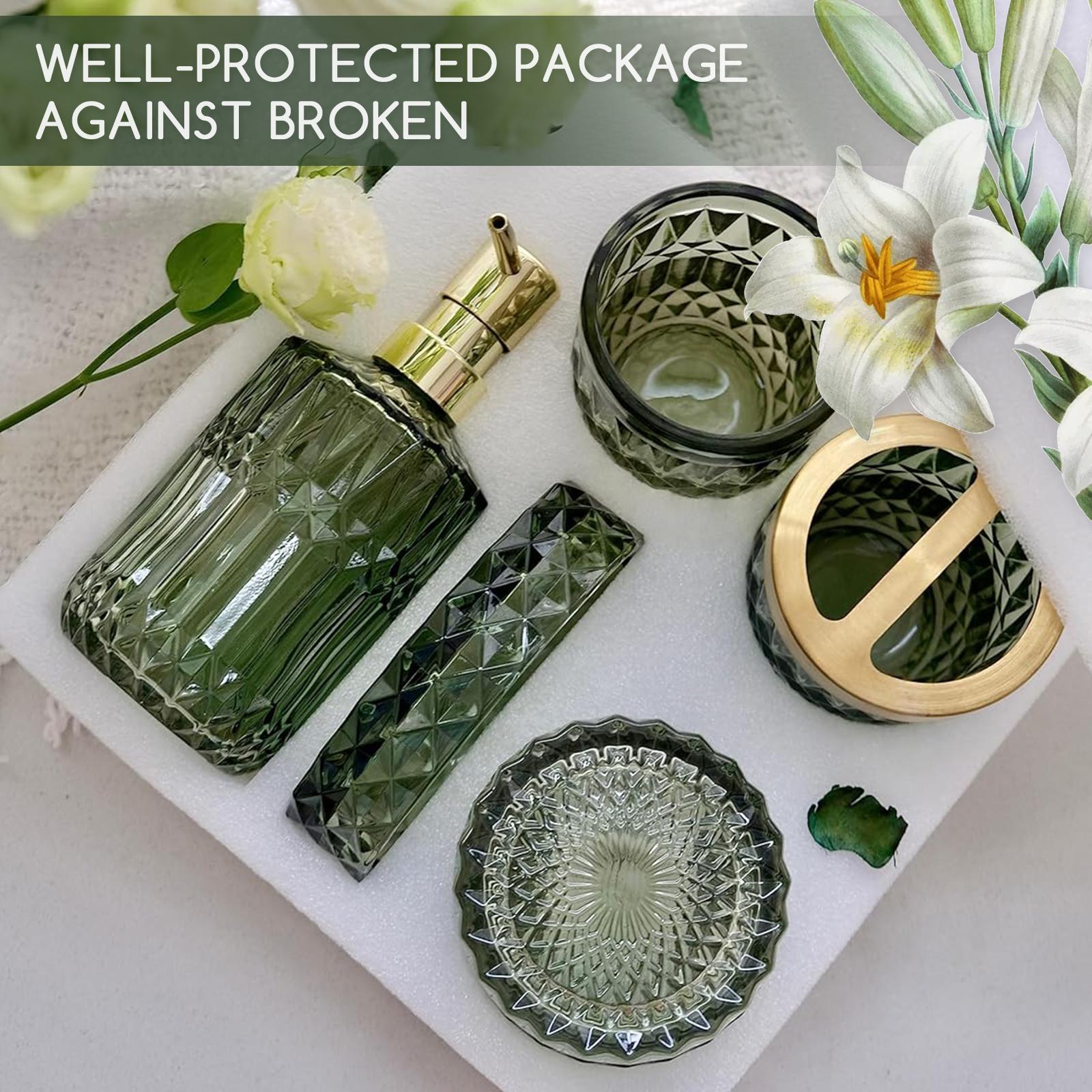 PLL Green Bathroom Accessories Set, 5Pcs Clear Glass Bathroom Accessories, Vanity Bathroom Decor, Hand Soap Dispenser, Soap Dish, Toothbrush Holder Set, Modern Countertop Organizer, Housewarming Gift Set